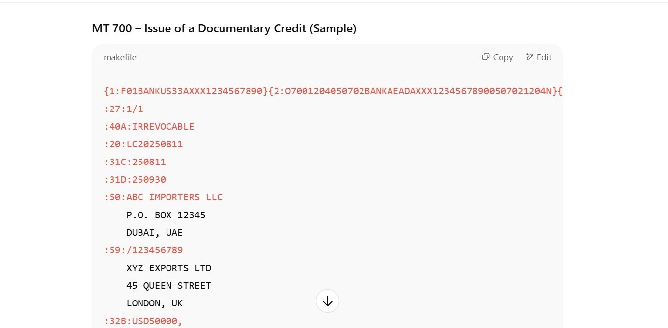 Sample MT700 SWIFT message