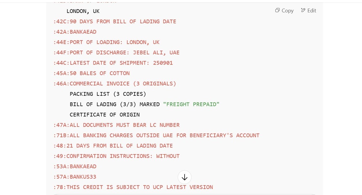 Sample continuation of SWIFT message