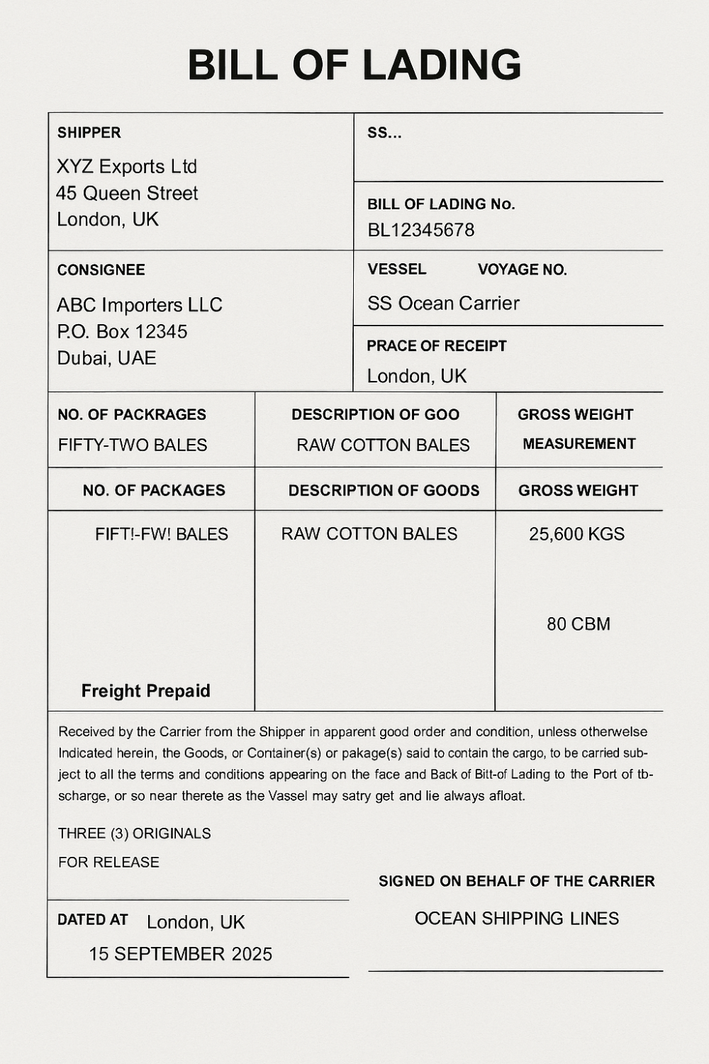 Sample bill of lading
